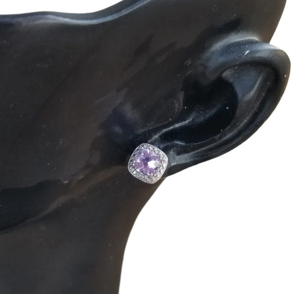 MACYS NEW IN BOX STERLING SILVER & GENUINE AMETHYST & DIAMOND STUD EARRINGS - Picture 1 of 7